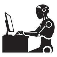 Black and white illustration of a modern robot using a computer for technology and ai themes vector