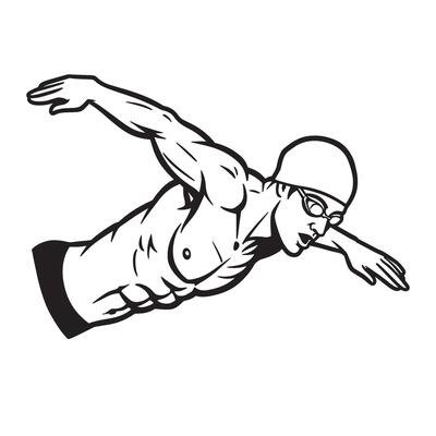 illustration of a male swimmer in a streamlined butterfly stroke in black and white
