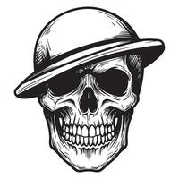 Detailed black and white skull illustration wearing a hat grinning against a white background vector