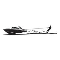 Black and white illustration of a speedboat pulling a water skier across the water vector