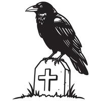 Silhouette of a crow perched on a tombstone in a cemetery with a simple cross vector