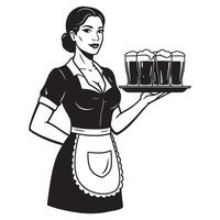 Vintage style black and white illustration of a waitress serving beers on a tray vector