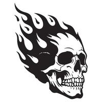 Black and white flaming skull illustration perfect for tattoo designs and spooky graphics vector