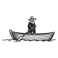 Illustration of a pilgrim man navigating a boat on water using an oar silhouette style vector