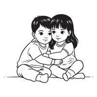 Black and white illustration of two children embracing showing friendship and love vector