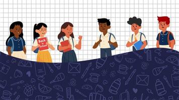 Fun animated back to school featuring diverse students standing on grid notebook and doodle background video