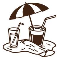 Summer relaxation illustration with beach umbrella drinks and a towel outline in brown color vector