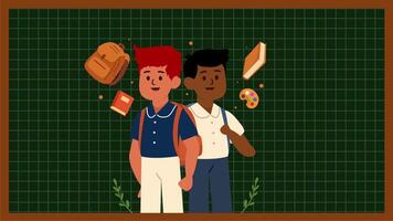 Animated of students on green chalkboard grid background with doodle school elements video