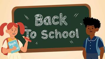 Two cartoon kids in classroom setting with chalkboard and school message video