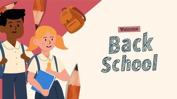 Mixed students and school gear with welcome message and chalk text video