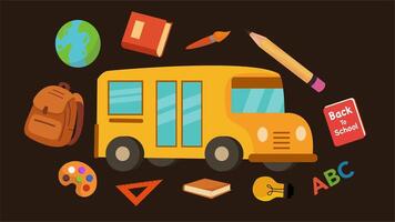 Yellow bus and various tools shown floating for classroom theme video