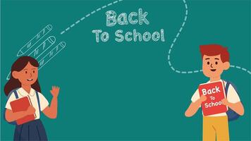 Boy and girl students pointing at chalkboard with back to school message video