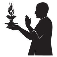 Silhouette of a devotee performing a ritual ceremony with an oil lamp and prayer vector