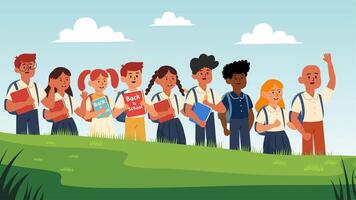 Cartoon student group standing in row with grass and sky video