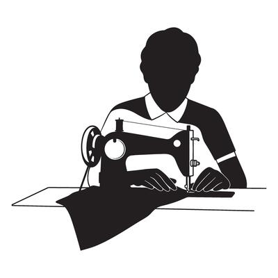 Silhouette of a person using a sewing machine creating fabric patterns and designs