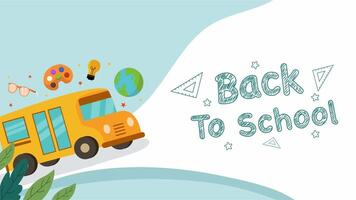 Yellow bus with floating icons and doodles back to school video