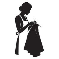 Silhouette of a woman sewing or tailoring clothes with apron and needle tools vector