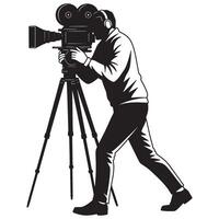 A black and white illustration of a cameraman filming with a vintage camera on a tripod vector