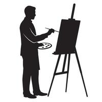 Black silhouette of an artist painting on an easel with a palette and brush vector