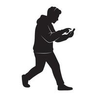 Silhouette of a person walking and interacting with a smartphone modern communication concept vector