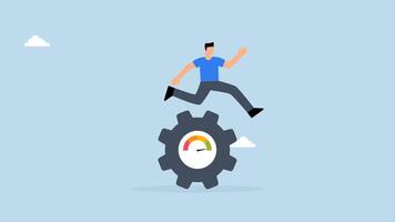 Work performance evaluation, 4k animation of determined entrepreneur sprinting intensely to rotate calculated gear. video