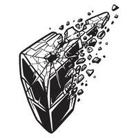 Black and white graphic illustration of a shield breaking with shards flying away vector