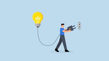 Problem solving idea, 4k animation of business leader merges concept of electricity with light bulb illumination. video