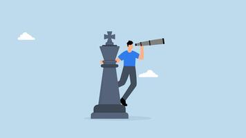 4k animation of businessman manager standing on king chess piece using telescope to see business vision. video