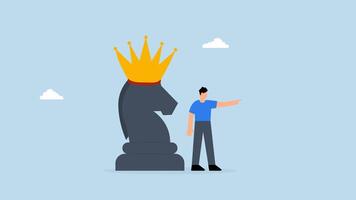 4k animation of businessman pointing finger to direct with chess knight with royal crown. video