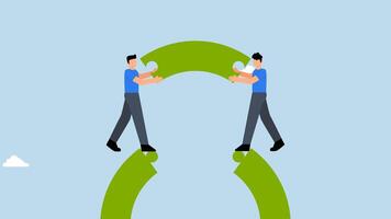 4k animation of business people working on team building connect puzzle bridge. video