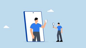 KYC, 4k animation of businessman using magnifying glass to analyze and identify user in smartphone application. video