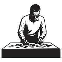 A black and white illustration of a man playing a board game with circular pieces vector