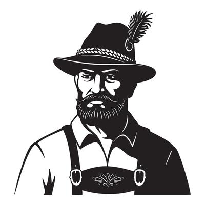 Black and white illustration of a bavarian man wearing traditional clothing and hat