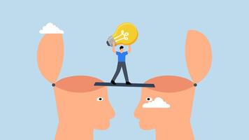 Knowledge transfer, 4k animation of entrepreneur holding light bulb strolls across bridge connecting two human brains. video