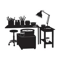 Silhouette illustration of a pottery studio with tools and equipment ready for crafting vector