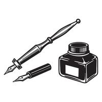 Vintage inkwell fountain pens and nibs retro classic writing tools black and white illustration vector