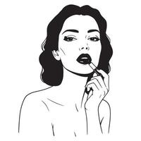 Black and white illustration of a woman applying lipstick makeup in a minimalist style vector