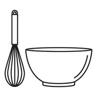 Minimalist black and white illustration of a whisk and mixing bowl for cooking and baking vector