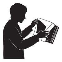 Silhouette of person reading and flipping pages in a large open book illustration vector