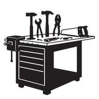 Silhouetted workbench featuring a variety of tools for carpentry and home improvement projects vector