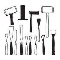 Hand drawn illustration of various woodworking tools with chisels and hammers isolated on white vector