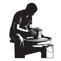 Silhouette of a potter at work shaping clay on a pottery wheel in a workshop vector