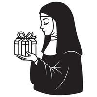 A nun holding a gift box with a bow religious icon illustration vector