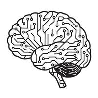 Illustration of a human brain showing electronic circuits and connected intelligence vector