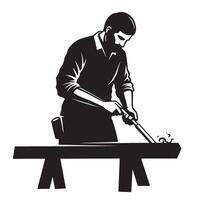 Skilled carpenter carving wood with chisel and mallet on a work bench isolated design vector