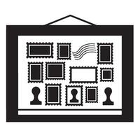 Artistic black and white illustration of postage stamps and silhouette icons in a frame vector