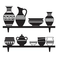 Black and white illustration of decorative pottery on two wooden shelves with simple designs vector