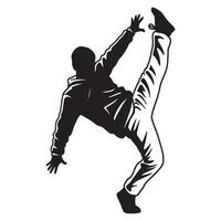 Black and white illustration of a breakdancer performing a dynamic kick vector