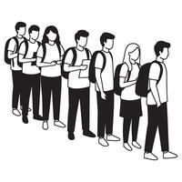 Students waiting in a line silhouette with backpacks and paper document isolated on white vector