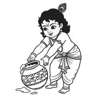 Adorable cartoon illustration of lord krishna stealing butter from a pot in traditional attire vector